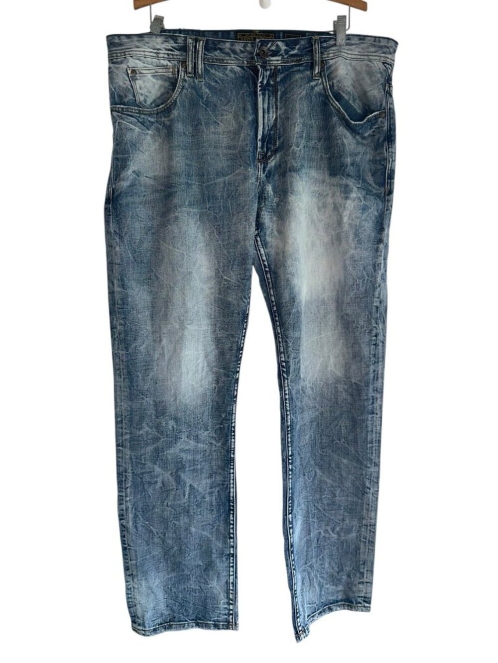 Y2K AKOO Mens Bleach Acid Washed Straight Leg Jeans Sz 40 Distressed Hems Skater